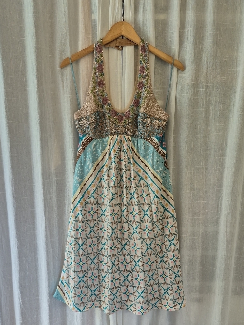 Nicole Miller Aqua & Cream Embroidered SILK Halter Midi Dress